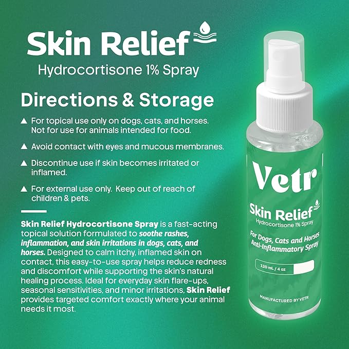 vetr Skin Relief Hydrocortisone Spray for Dogs - Topical Support for Itchy Skin and Hot Spots - 4 oz (120mL) - Vet-Formulated in USA