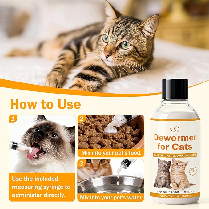 Tapeworm Treatment for Cats, Cat Dewormer, Dewormer for Cats&Kitten, 150ml with 5ml Dropper, Suitable for Cats