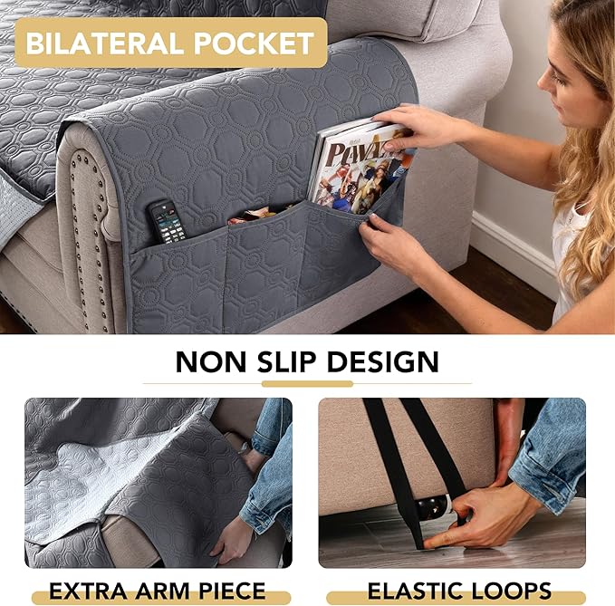 H.VERSAILTEX 100% Waterproof Sofa Cover Thick Durable Slipcover Furniture Protector Washable Couch Cover with Non Slip and Elastic Straps for Kids, Dogs, Pets(XL Sofa, Grey)