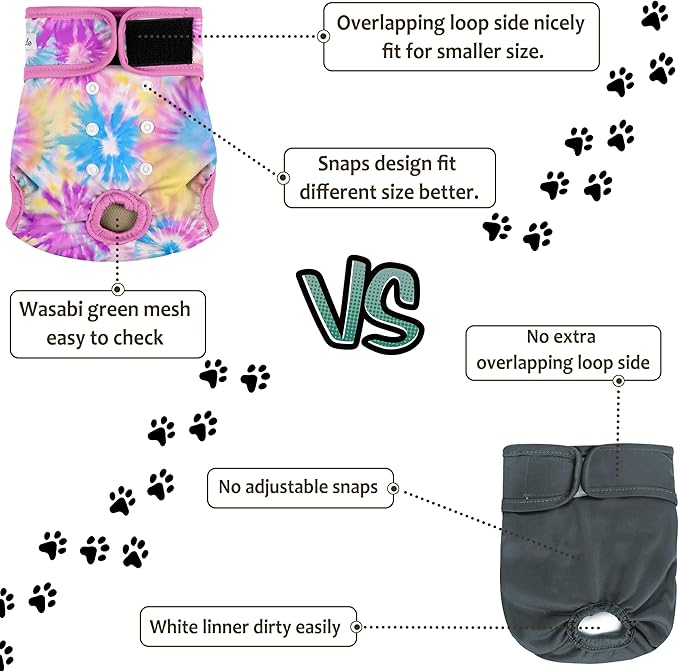 Washable Female Dog Diapers (5 Pack) - Doggie Reusable Small Medium Large Dog Diapers for Doggy Puppy Female in Period - Highly Absorbent Dog Heat Panties,S Plus,Rainbow