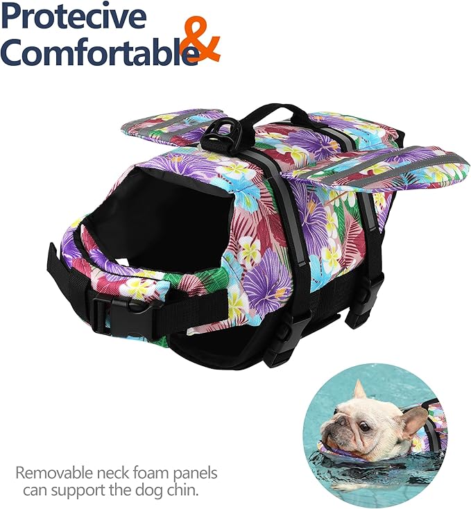 Dog Life Jacket, Wings Pet Life Vest for Swimming Boating Reflective Dog Flotation Swim Vest with Handle and Chin Float for Small Medium Large Size Dogs, M, Floral Purple