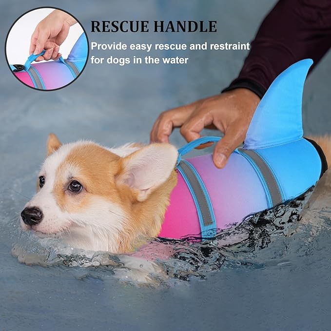 Dogcheer Dog Life Jacket, Cute Shark Dog Life Vest for Swimming Boating with Superior Buoyancy and Rescue Handle, Adjustable Puppy Swim Vest for Small Medium Large Dogs - Gradient Red Blue, XL
