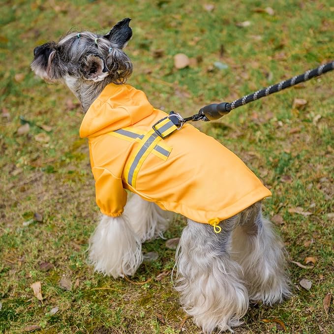 PUPTECK Dog Raincoat with Hood & Harness Built-in, Waterproof Dog Rain Jacket Slicker Poncho Reflective Vest Clothes for Rainy Snowy Winter Cold Days, Yellow M