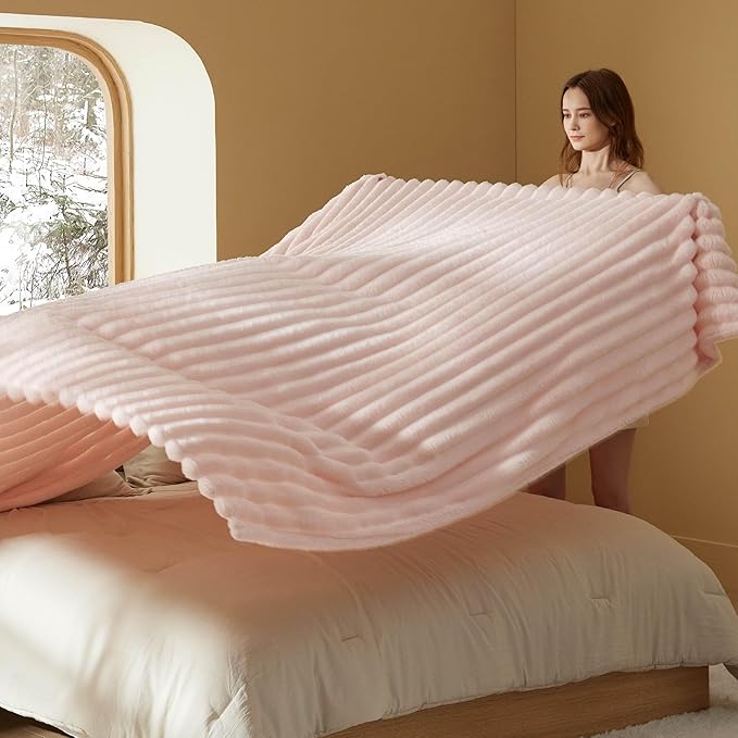 Bedsure Blankets Queen Size for Bed - 350GSM Super GentleSoft Fuzzy Fluffy Cozy Blankets for Women, Cute Large Plush Fleece Throws for Girls, Pink，90x90 Inches, Wider Striped Design