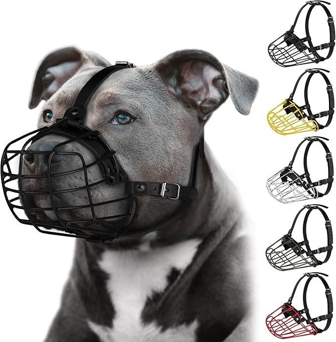 Pitbull Dog Muzzle Metal Mask Amstaff Secure Wire Basket Adjustable Durable Leather Straps for Large Dogs (Black)