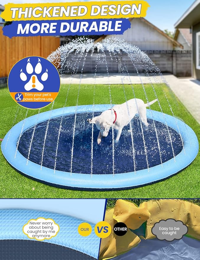 Splash Pad Non-Slip Dogs Cool Sprinkler Pool Extra Large Splash Pads for Kids Dog Baby Wading Pool Summer Outdoor Play Water Fun Toy Gift Easy to Use/Clean 75 inch