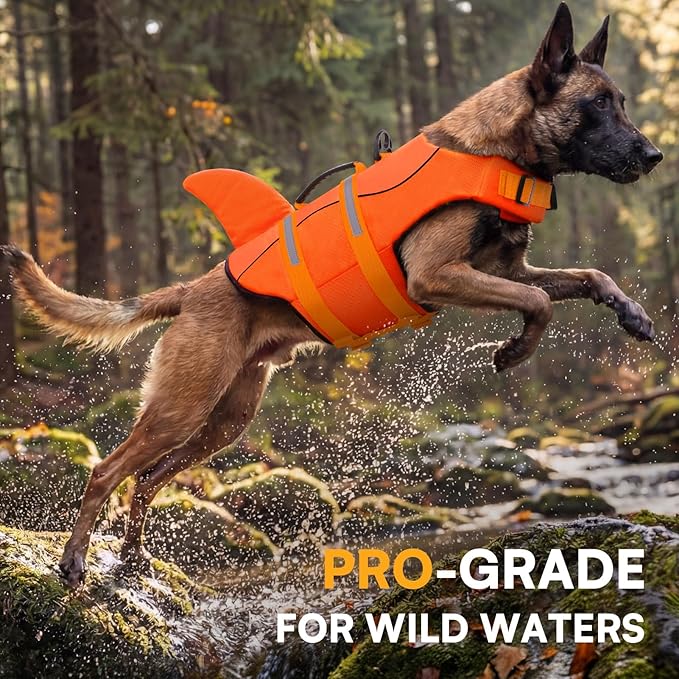 Queenmore Dog Life Jacket, Dog Life Vest for Swimming, Puppy Shark Swimming Vest with Rescue Handle, Reflective Adjustable Pet Lifesaver Preserver for Small Dogs, Orange XS
