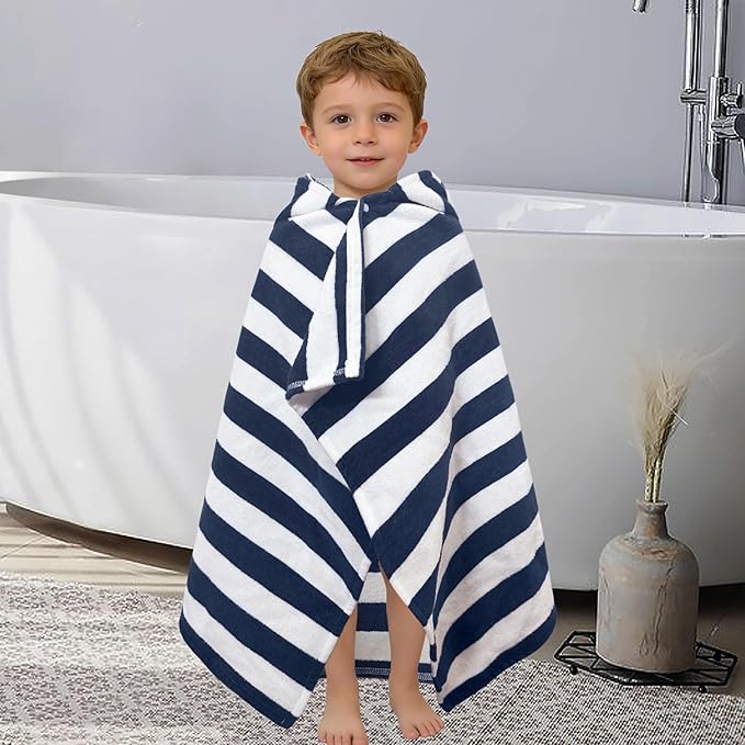 VOOVA & MOVAS Toddler Hooded Bath Towels 0-3T, 25''X40, Soft | Thick | 100% Cotton | Absorbent Towel Wrap for Baby, Perfect for Beach, Pool, Bath, Swimming,Navy Stripe
