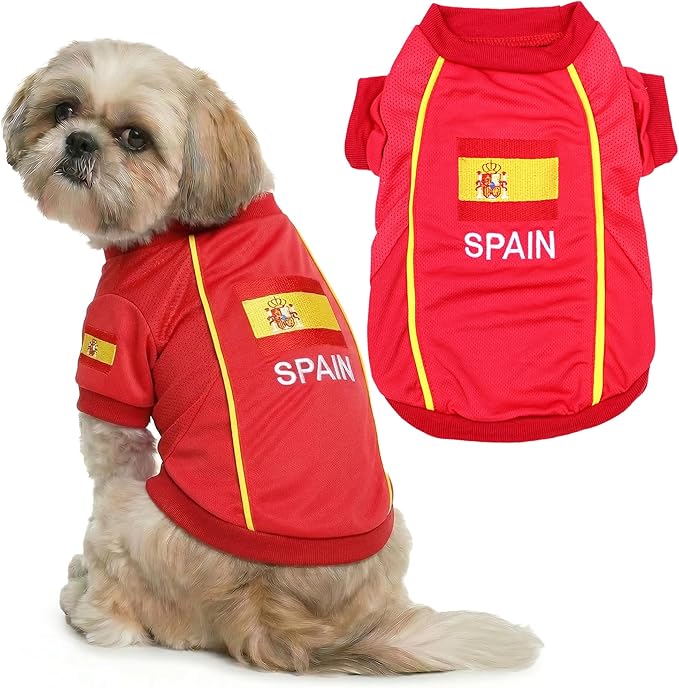 Parisian Spain Dog Jersey - Breathable Mesh Puppy Football Jersey - Lightweight Stretch Sporty Dog Clothes - Summer Shirts for Medium Dogs - Soccer Jersey for Dogs - Sportswear Pet Clothes