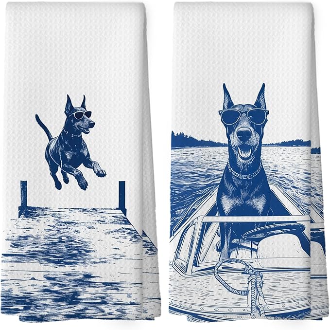 Lake House Decor Doberman Kitchen Towels Set of 2, Summer Funny Lake Dog Coastal Bathroom Hand Towel, Dog Lover Gifts Tea Towel Dish Towels 16x24 Inch