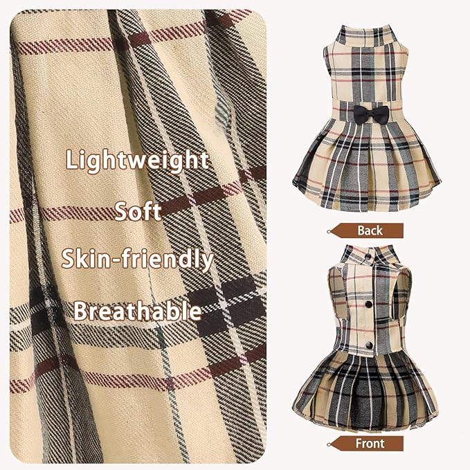 PUPTECK Classic Plaid Dog Dress Cute Puppy Clothes Outfit