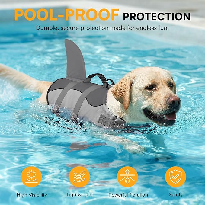 Queenmore Dog Life Jacket Ripstop Shark Dog Safety Vest Adjustable Preserver with High Buoyancy and Durable Rescue Handle for Small,Medium,Large Dogs, Grey Shark X-Small