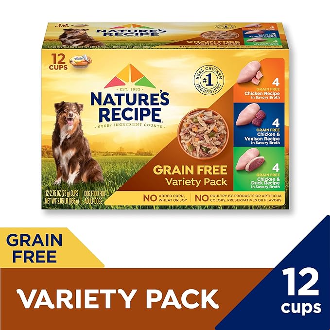 Nature's Recipe Grain Free Wet Dog Food, Variety Pack, 2.75 Ounce Cup (Pack of 12)
