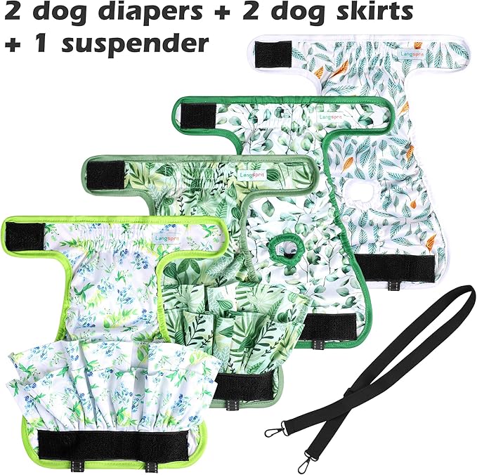 Washable Female Dog Diapers (4 Pack+1 Suspenders), Reusable Female Girl Doggy Doggie Puppy Wraps Panties Belly Band for Pet Heat Period Pooping Peeing Potty Training Incontinence Marking Leaf Small