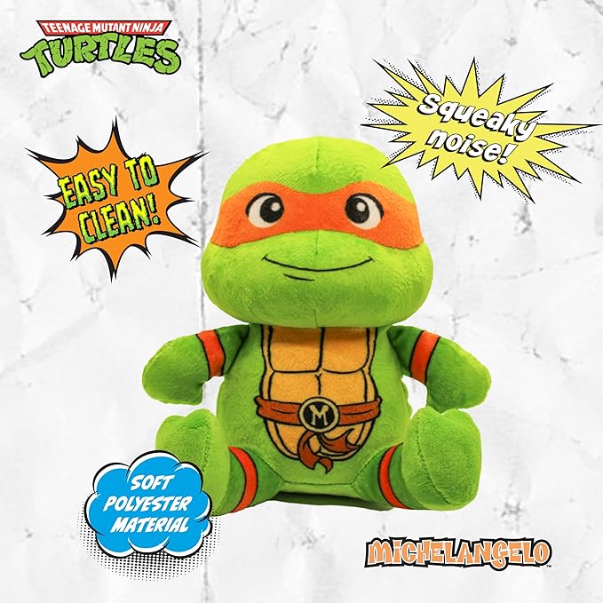 design LAB, Inc. Teenage Mutant Ninja Turtle Official Merchandise | TMNT Toys Squeaky Plush Dog Toy | Stuffed Animal Turtles Squeak for Interactive Play | 2-Pack Donatello & Michelangelo