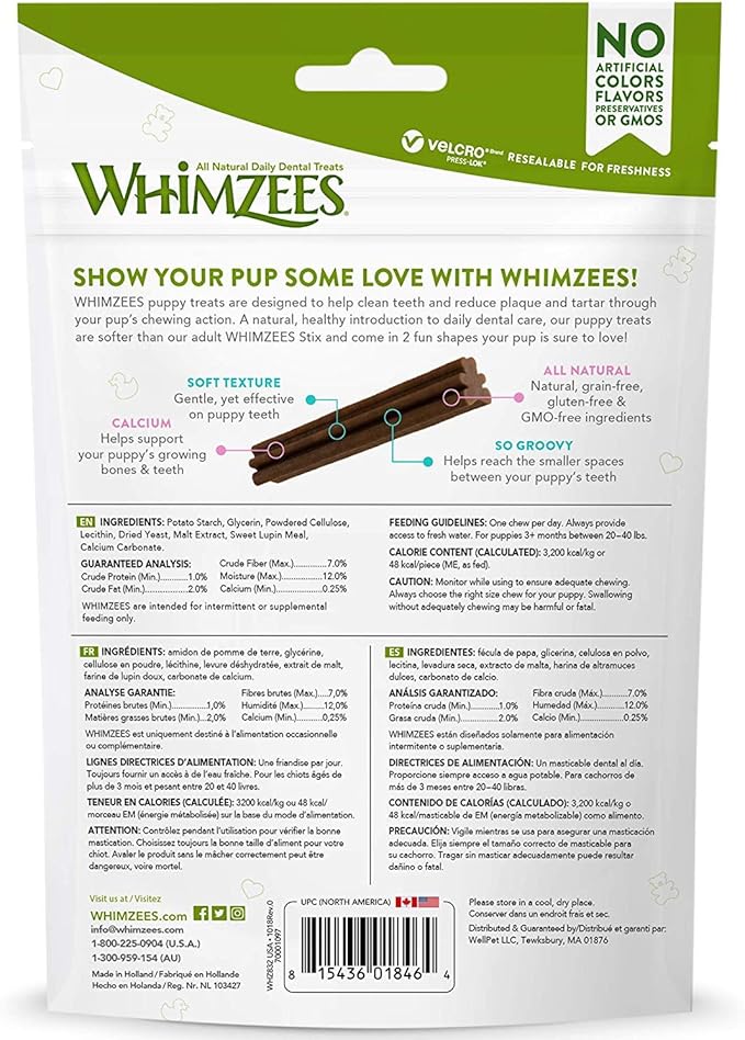 Whimzees 3 Pack of Puppy Daily Dental Treats, 14 Sticks Each, for Medium to Large Puppies
