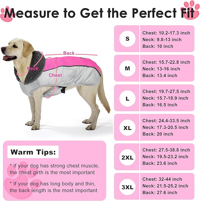Dog Coat, Waterproof Ripstop Dog Winter Jacket with Leash Hole, Reflective Adjustable Warm Pet Fleece Snow Sweater for Small Medium Large Dogs - Pink, L