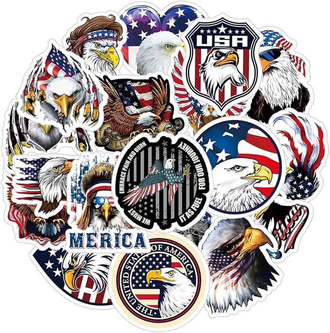 25pcs Cool Bald Eagle Animal Deacls Stickers Pack | American Flag Stickers for Water Bottle Skateboard Guitar Computer Laptop Phone Case Car Helmet