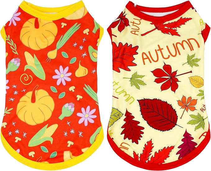 Dog Shirts for XXXL Dogs Sleeveless Red Yellow Tank Top Tee Clothes Vest Autumn Red Yellow Pumpkin Maple Leaves Light Weight Stretchable Soft for Girl Boy Female Male Outfit XXXL Pack of 2