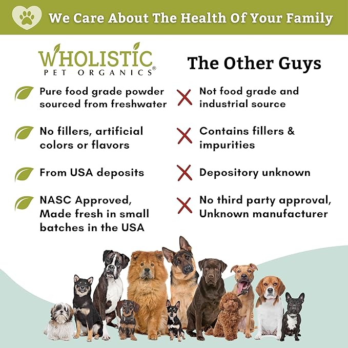Wholistic Pet Organics Diatomaceous Earth - Food Grade for Dogs & Cats - 26 Oz - Multi Use Powder - Pet Safe Non-Chemical Freshwater Sourced Silica Supports Overall Health - Made in USA - 210 Scoops