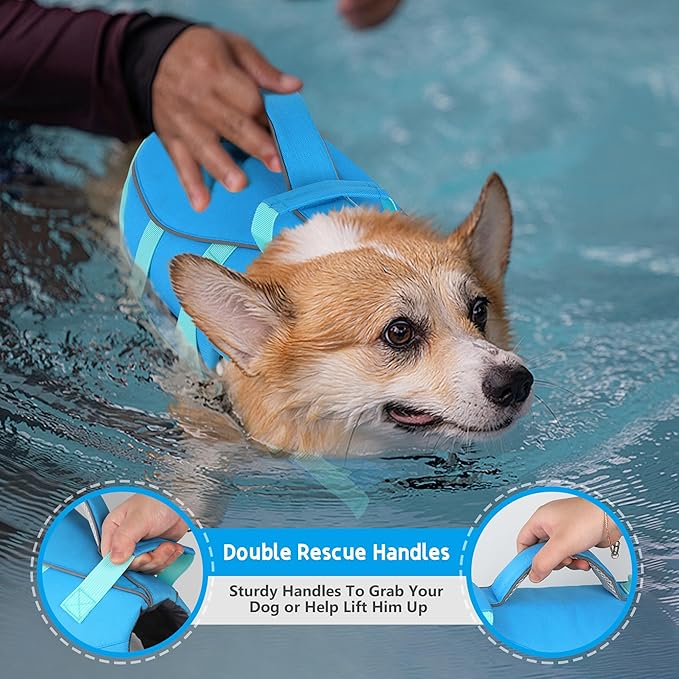 Dogcheer Dog Life Jacket with Double Rescue Handle, Reflective Dog Harness Life Vest for Swimming Boating, Adjustable Pet Swim Vest Dog Flotation Device DFD for Small Medium Large Dogs - Blue XS