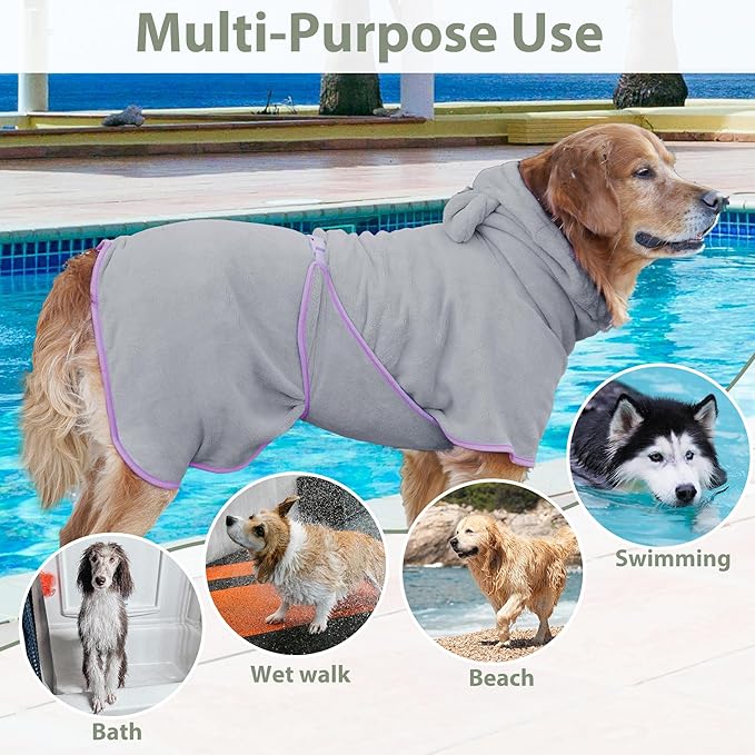 Dog Bathrobe Super Absorbent Towel Robe - Microfiber Bath Towels Fast Drying Coat for Dogs, Cute Dogs Clothes Adjustable Collar & Belly Strap Warm Keeping Hooded Dog Towel (Grey, Medium)