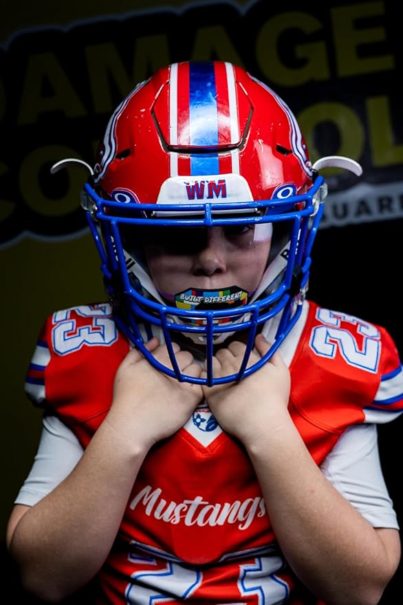 DAMAGE CONTROL Youth Football Mouth Guard – Breathable No Boil Mouthpiece, Protects Lips & Teeth, Works with Braces, Includes Helmet Strap – Sports Gear & Accessories (Built Different)