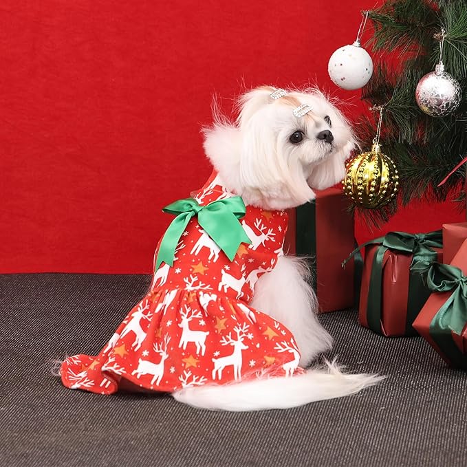 CuteBone Turtleneck Dog Velvet Dress Christmas Puppy Skirt Costume Pet Clothes Cat Apparel with Bow Hair Rope for Small Dogs CVD24XXS