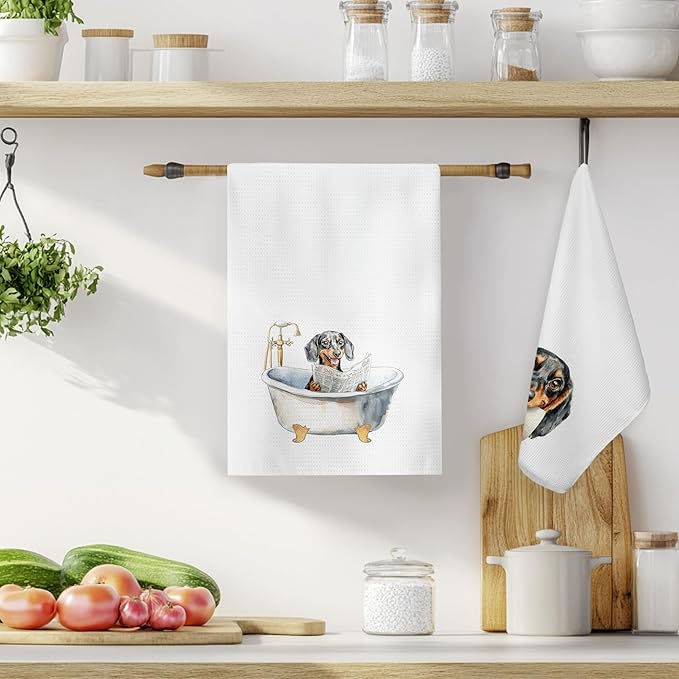 Funny Dachshund Dog Bathroom Hand Towels, Dachshund Lover Gifts for Women Men, Funny Bathtub Dog Hand Towels for Bathroom Toilet Washroom Restroom Decor, 16x24 Inch Set of 2
