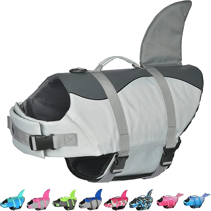Dogcheer Dog Life Jacket Shark, Adjustable Dog Swim Life Vest for Swimming Boating with Superior Buoyancy & Rescue Handle, Ripstop Pet Flotation Vest for Small Medium Large Dogs - Grey, XS