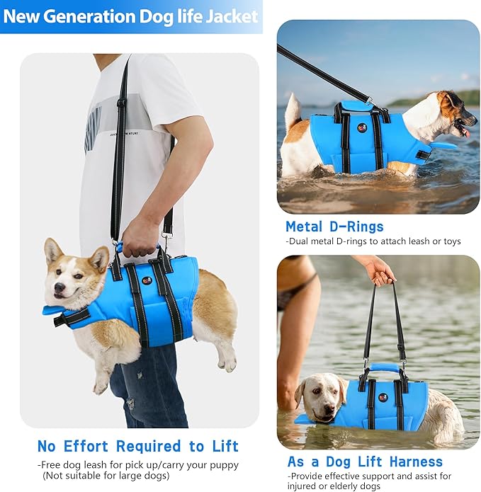 Dogcheer Dog Life Jacket with Zipper and 4ft Leash, Adjustable Pet Life Vest for Swimming Boating, High Buoyancy Flotation Swim Vest PFD for Small Medium and Large Dogs-Blue,M