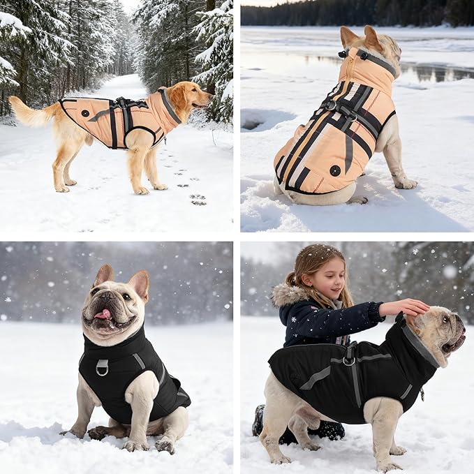 Mihachi Dog Snow Jacket Waterproof Dog Coat with Harness Built in,Thick Fleece Lined & Pockets,Turtleneck Warm Winter Jacket for Middle Dogs Reflective Fleece Vest with Zipper,Snowsuit Outfit,Black M