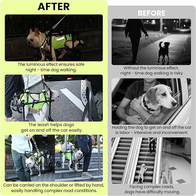 Dog Wheelchair for Back Legs, for All Breed Dog - Includes High-Visibility Vest, Leash & Sling Lift, for Arthritis, Paralyzed, Injured, or Disabled Dogs (4Wheels-S, for Small Breed Dog)