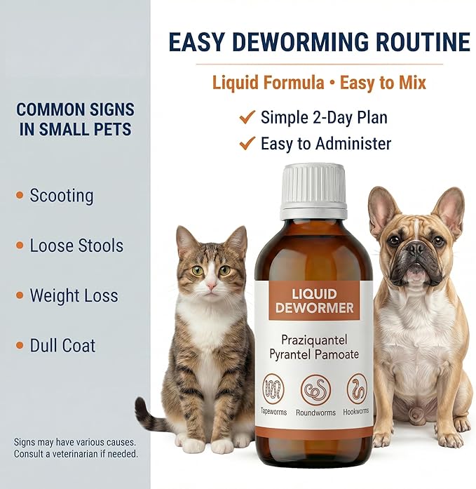 Liquid DeWormer for Dogs & Cats, Praziquantel & Pyrantel Pamoate, Targets Tapeworm, Roundworm & Hookworm, Dewormer for Puppies(6-25 lbs) & Kittens, Broad Spectrum - 100mL