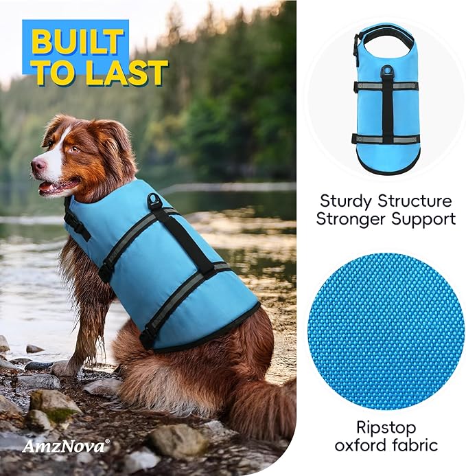 AMZNOVA Rip Stop Dog Life Jacket, Dog Life Vest for Swimming & Boating, Lightweight & Buoyancy for Doggy Puppy, Lifejacket with Handle, S, Blue