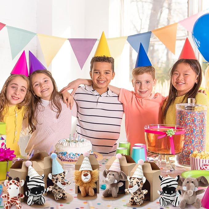 20 Set Safari Mini Jungle Animal Plush Toys Stuffed Forest Animals Plush Toys Set with Birthday Hats Kraft Paper Boxes Adopt Pet for Kid Theme Birthday Favor(Safari)