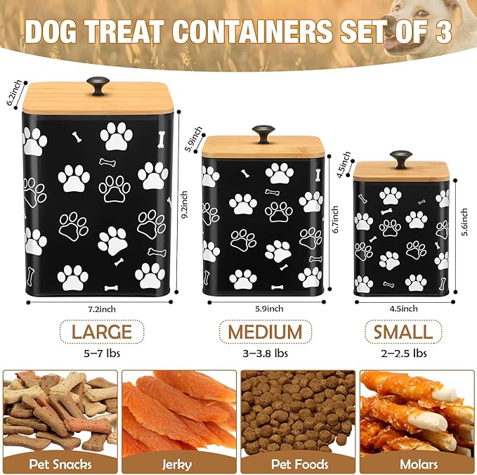 Airtight Dog Treat Container Set of 3 with Bamboo Lids Metal Treat Jars for Countertop Decorative Pet Snack Storage Canister Kitchen Biscuit Holder(Black)