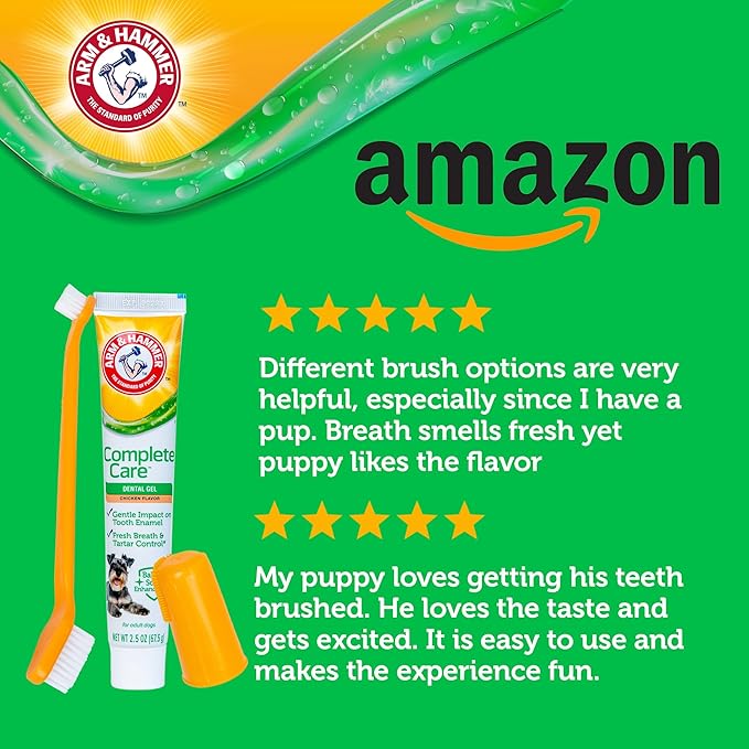 Arm & Hammer Complete Care Dental Gel Dog Toothbrush Kit, Gel Dog Toothpaste, Toothbrush, Finger Brush, Fresh Breath, Tartar Control, Baking Soda Enhanced Pet Dental Supplies, Chicken Flavor, 2.5oz