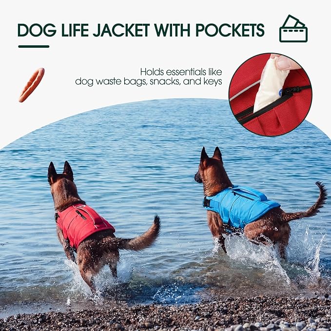 Kuoser Dog Life Jacket, High Flotation Dog Life Vest for Swimming Boating, Adjustable Small Medium Large Dogs Swim Vest with Rescue Handle and Pocket, Reflective Safety Pet Lifejacket Floats for Pool