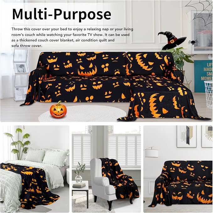 Easy-Going 80X118 inches Halloween Loveseat Sofa Cover, Jacquard Velvet Couch Slipcover for 2 Cushion Couch, L Shape Sectional Covers for Dogs, Washable Sofa Blanket, Furniture Protector