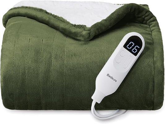 Bedsure Heated Blanket Throw Blanket - Fast Heating Electric Blanket, Soft Flannel Throw with 6 Time Settings(Up to 10H), 6 Heating Settings, Gifts for Grandma Grandpa Seniors (50"x60", Olive Green)
