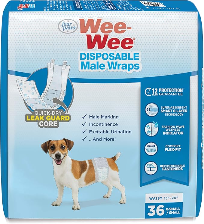 Four Paws Wee-Wee Super Absorbent Disposable Adjustable Dog Potty Training Male Wraps Diapers, Leak-Proof Protection for Puppies and Small Dogs, Extra Small, 36 Count