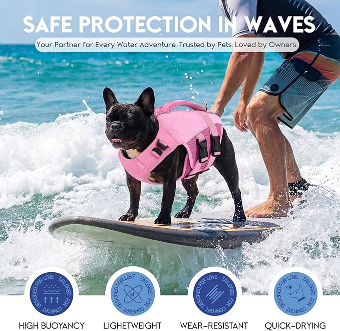 ASENKU Dog Life Jacket, High Floatation Dog Swimming Vest with Rescue Handles for Small Medium Large Dogs, Pet Safety Swimsuit Preserver for Pool Beach Boating (LightPink, S)
