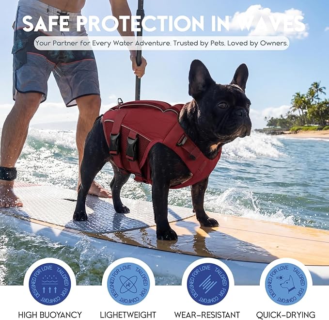 ASENKU Dog Life Jacket, High Floatation Dog Swimming Vest with Rescue Handles for Small Medium Large Dogs, Pet Safety Swimsuit Preserver for Pool Beach Boating (WineRed, XS)