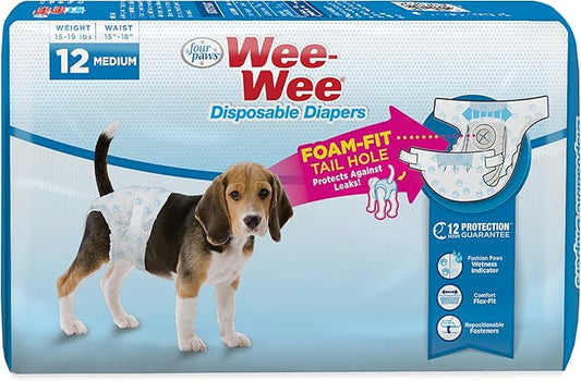 Four Paws Wee-Wee Super Absorbent Disposable Adjustable Dog Potty Training Diapers, Leak-Proof Protection for Dogs, Size Medium, 15" - 18" Waist, 12 Count