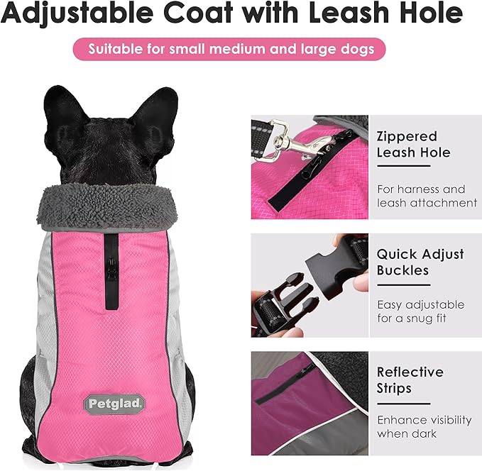 Dog Coat, Waterproof Ripstop Dog Winter Jacket with Leash Hole, Reflective Adjustable Warm Pet Fleece Snow Sweater for Small Medium Large Dogs - Pink, S