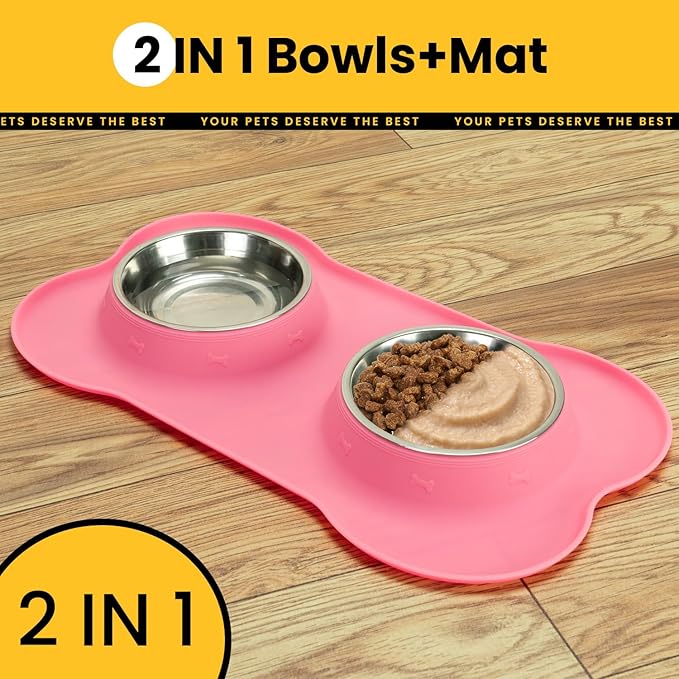 Medium Pet Feeding Station, 29oz Stainless Steel Dog Bowls Set, No Spill Food & Water Dishes with Non Slip Silicone Mat for Breeds Up to 55 Lbs, Pink