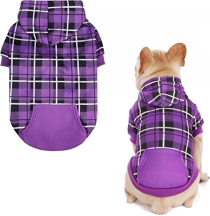 EXPAWLORER Plaid Dog Hoodie - British Style Warm Dog Sweater Shirt with Leash Hole,Pitbull Clothes Outfits,Winter Coat Apparel for All Breeds Puppy Girl Boy-Cat Apparel,Purple X-Small