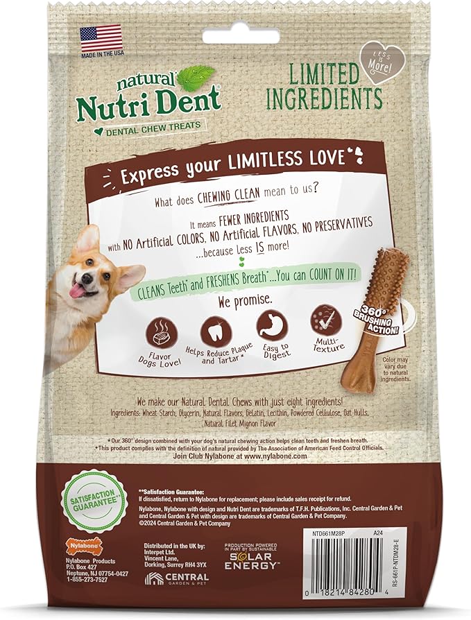 Nylabone Nutri Dent Dog Dental Chews - Natural Dog Teeth Cleaning & Breath Freshener - Dental Treats for Dogs - Filet Mignon Flavor, Small (28 Count) (Pack of 2)