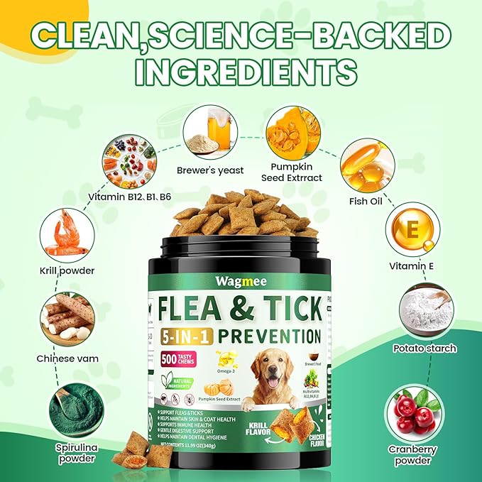 Flea and Tick Prevention for Dogs Chews – 500 Tasty Chicken Flavor Soft Chews, with Pumpkin Seed Extract, Fish Oil, and Vitamins for Dogs, Puppies, All Breeds & Ages.